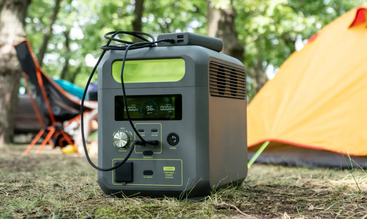 A portable charger on a campsite